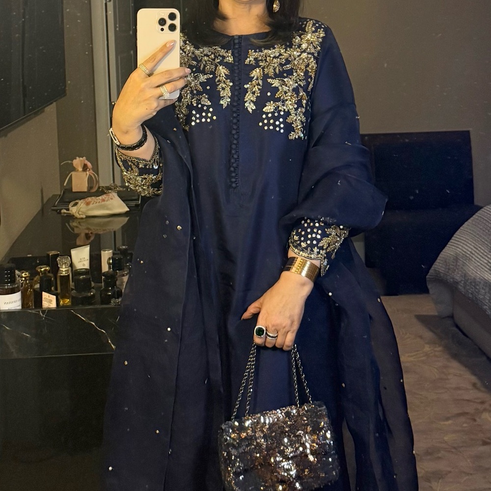 Elegant Navy Blue Embroidered Dress